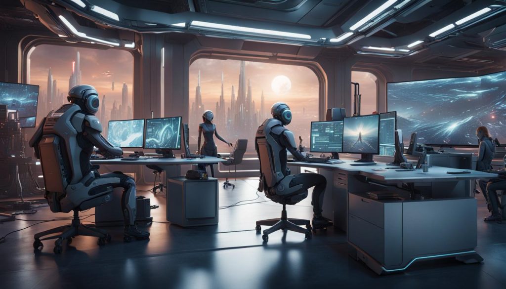 a futuristic office space with cyborgs working at desks